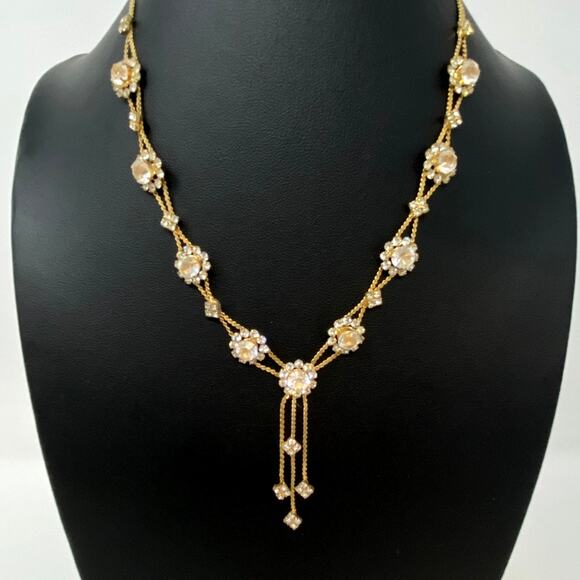 Vtg Unsigned GOLDETTE Crystal Tassel Necklace Double Row Floral Goldtone 16 1/2" - Picture 1 of 8